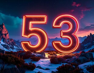 Neon numbers 53 against a dramatic mountain landscape at twilight