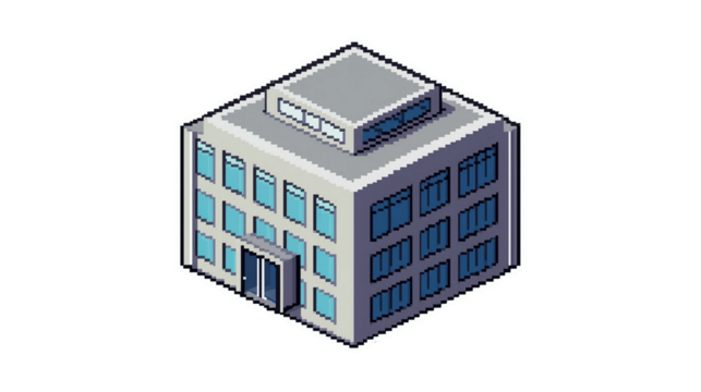 Isometric Pixel Art Office Building with Window Facade and Flat Roof