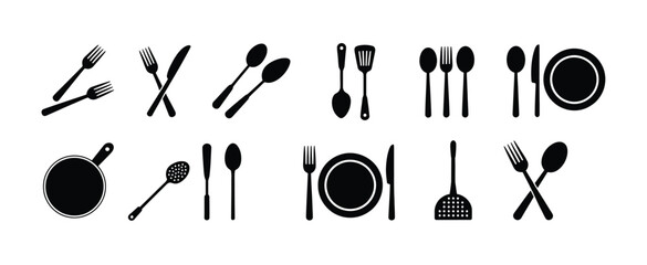Collection of Black and White Silhouettes of Kitchen Utensils and Cutlery