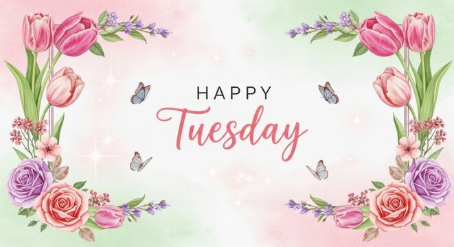 Happy tuesday floral watercolor greeting with butterflies