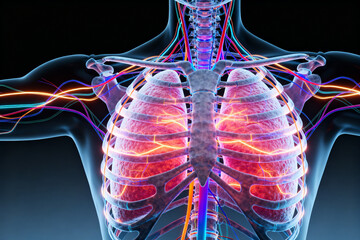 Human respiratory system with highlighted lungs and circulatory network in anatomical illustration