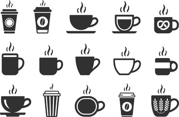 Flat vector illustration of coffee cup icons, hot drink mugs, takeaway coffee cups, tea cup symbols, steaming beverage graphics