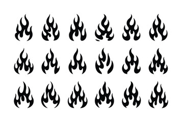 Collection of Black Flame Icons and Symbols on White Background