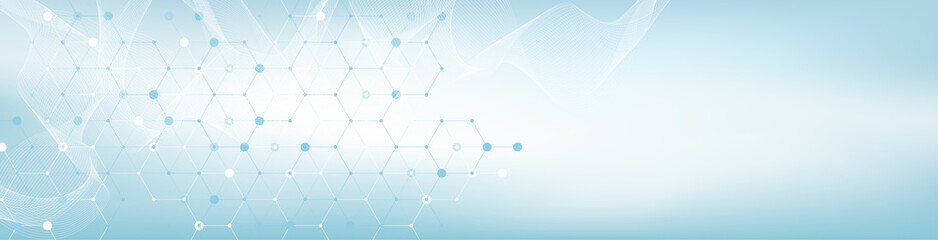 Obraz premium Modern health care or medical background design. Health care innovation concept. Horizontal header web banner. Abstract geometric background with hexagon shapes for medicine, science, chemistry.