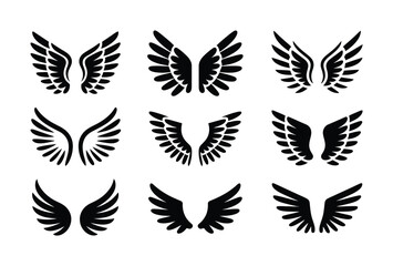 Collection of Black Silhouette Angel Wings Icons on White Background