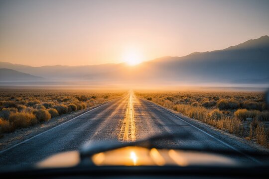 A cinematic POV from a car windshield looking at a straight desert road stretching endlessly into the horizon.