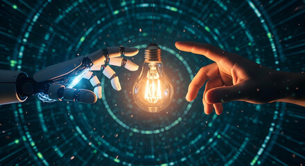 Human and AI Hands Sharing Innovation with a Light Bulb over Futuristic Circuitry
