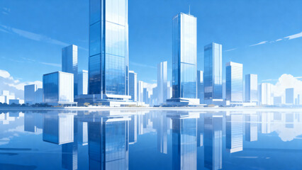 Modern glass skyscrapers reflecting in calm water under a clear blue sky