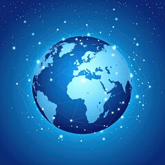 Naklejka premium A stylized blue globe of Earth is shown surrounded by a network of connected dots against a starry blue background, representing global connections.