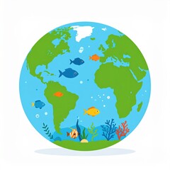 Naklejka premium Colorful illustration of Earth with diverse marine life swimming in oceans.