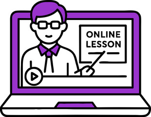 Online education, distance learning concept. A student's workplace with a laptop showing a teacher giving an online lesson. Vector illustration in flat cartoon style