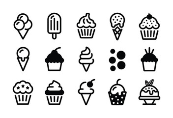 Collection of Ice Cream and Cupcake Icons in Black and White