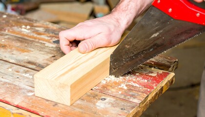 Handsaw cuts square timber on workbench