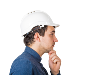 Side view, smart male engineer, wearing protective white helmet, keeps hand under chin, thoughtful look, hard thinking, isolated on transparent background