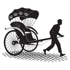Black and White Silhouette of Rickshaw and Puller on White Background