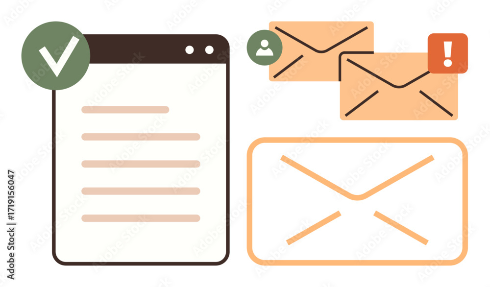 Poster browser window with approval checkmark, envelopes, alert sign, and user avatar emphasizing messaging