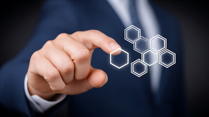 Businessman interacting with a digital molecular structure display