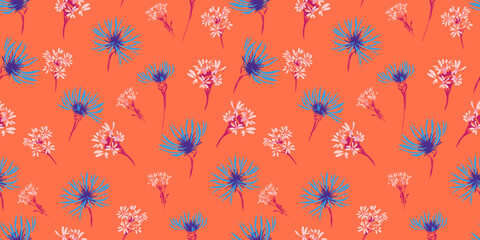 Seamless vector floral pattern with vivid blue and pink wildflowers on a bold orange background. Template for textiles, wrapping paper, and bright summer designs