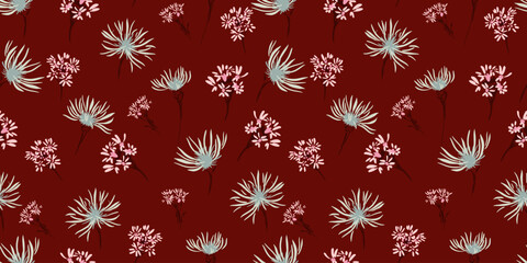 Seamless vector floral pattern with soft blue and pink wildflowers on a deep burgundy background. Template for fabric, wallpapers, gift wrap, and romantic designs