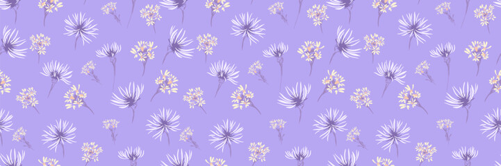 Seamless vector pattern with soft lavender background and delicate wildflowers in light yellow and lilac tones. Elegant floral design for fabrics, wallpaper, and decor