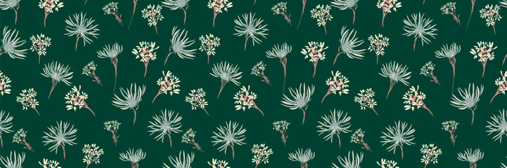 Seamless vector botanical pattern with soft wildflowers and thistle like blooms on a deep green background. Elegant, natural design for fabrics, wallpaper, and decor