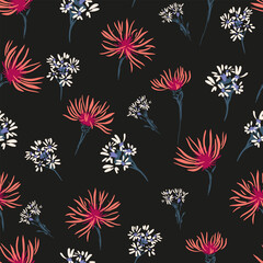Seamless vector floral pattern with red and white wildflowers on a black background. Designs for fabric, wallpaper, wrapping paper, and elegant fashion or home decor