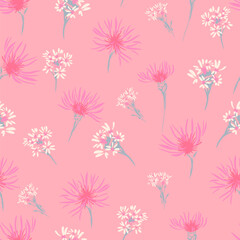 Seamless vector floral pattern with pink and white wildflowers on a pastel pink background. Template for fabric, wallpaper, gift wrap, and romantic spring or summer designs