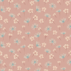 Seamless vector floral pattern with soft beige and teal wildflowers on a warm terracotta background. Elegant botanical design for fabrics, wallpapers, and decor