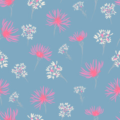 Seamless vector floral pattern with pink and white wildflowers on a soft blue background. Template for fabric, wallpaper, wrapping paper, and romantic spring designs