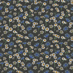 Seamless vector floral pattern with wild daisies, cornflowers, and tiny meadow flowers on a dark background. Temlate for textile, wrapping paper, wallpaper, and spring summer design projects
