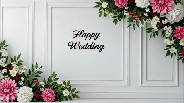 Happy wedding text surrounded by a beautiful floral arrangement of pink and white flowers, creating a romantic and elegant isolated on white background ai generated vedio