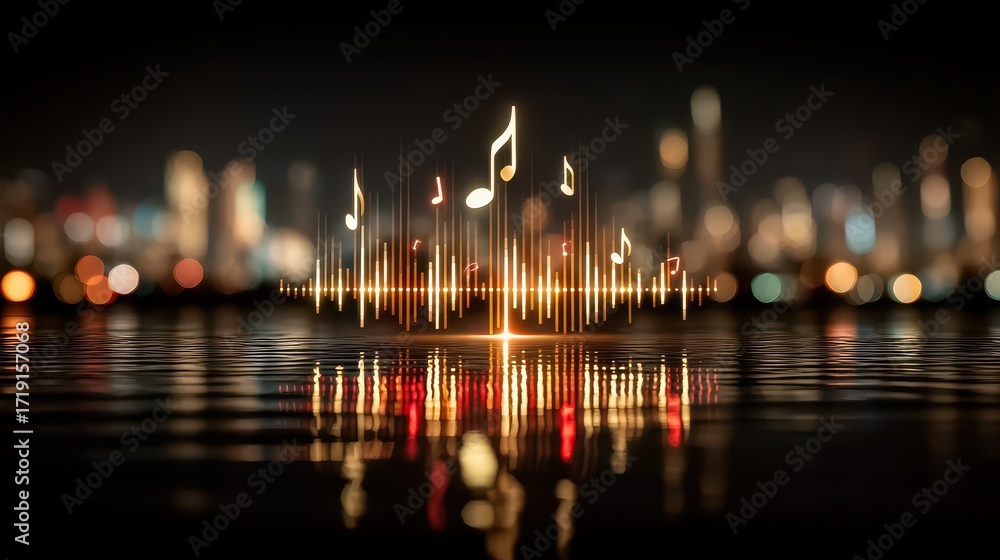 Poster futuristic ai system creating music with digital waveforms and sound bars in a sleek cyber environme