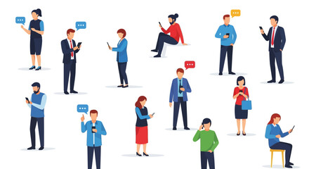 Diverse set of cartoon people using smartphones and tablets for social media communication and browsing online. Vector Illustrations. EPS Editable