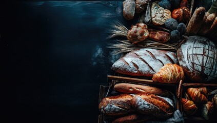 Assorted baked goods, breads, and pastries arranged on dark wood