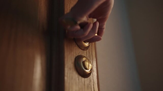 Low-angle view of hand of unrecognizable man gripping golden door handle, signaling imminent movement within softly illuminated hotel room corridor, conveying subtle moment of quiet transition.