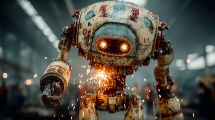 Futuristic robot works on steel welding in dark industrial plant with sparks illuminating mechanical textures