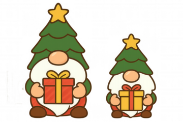 Christmas tree gnomes holding gifts, celebrating winter holidays, festive cartoon characters, transparent background
