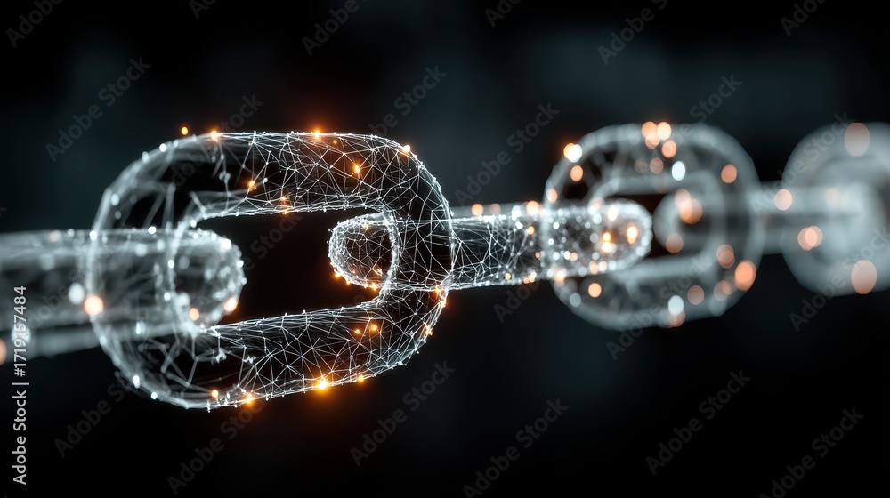 Poster digital blockchain network illustration with glowing nodes and light beams in a dark space featuring