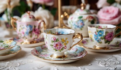 Fototapeta premium Floral teacups and saucers on a table, adorned with delicate, colorful flowers