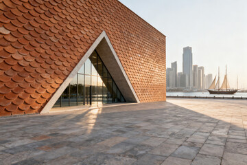 Fototapeta premium Modern architectural building with terracotta tile facade and triangular glass entrance, overlooking a city skyline and waterfront.