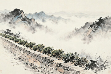 Misty mountain landscape with ancient stone wall and foliage