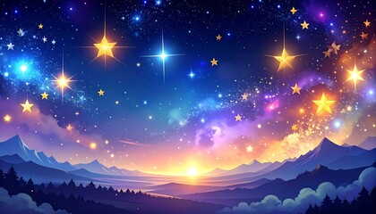 Fototapeta premium Colorful starry sky over a sunrise mountain landscape