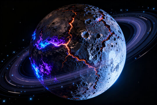 A cracked celestial body with glowing fissures and rings, resembling a distant planet in space.