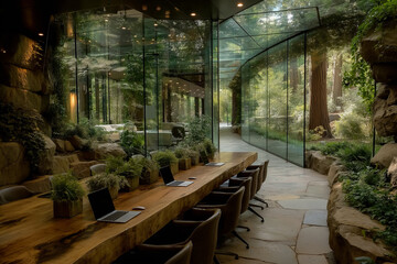 Fototapeta premium Modern glass conference room with open wall to lush forest, eco design, natural daylight, symbol of sustainable workplace.