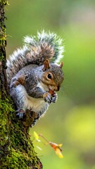 Fluffy-tailed rodent enjoys snack on mossy tree