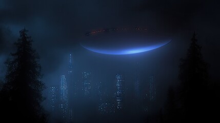 A futuristic city shrouded in mist, illuminated by lights,  with a luminous flying object overhead.