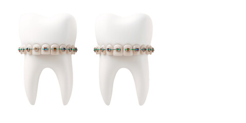 Two White Teeth Models Displaying Colorful Orthodontic Braces And Wires On A Transparent Background