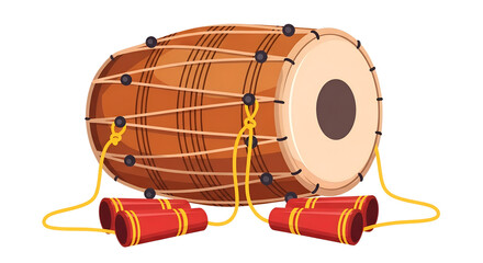 A traditional dholak drum with red and yellow accents isolated on a transparent background musical instrument.
