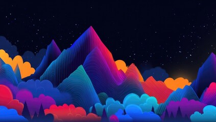 Colorful, abstract mountain range at night, with vibrant, glowing lines and clouds