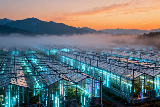 Rows of illuminated greenhouses at dawn with mist and mountains in the background - Powered by Adobe